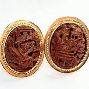 Vintage 14K Gold Chinese Carved Panel Cufflinks Landscape Motif SS252